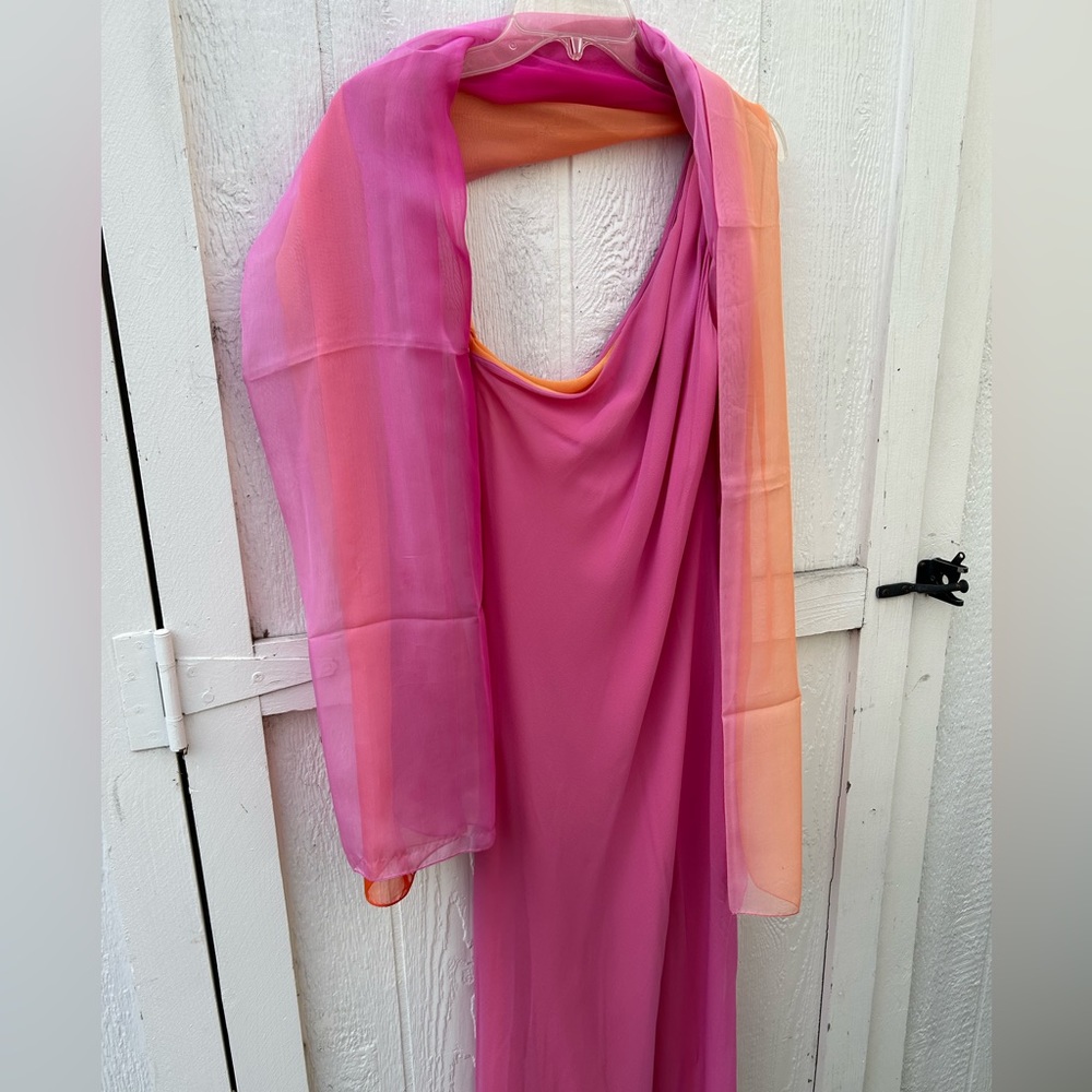 Divine one shoulder silky evening, party dress in pink with orange. Like new.